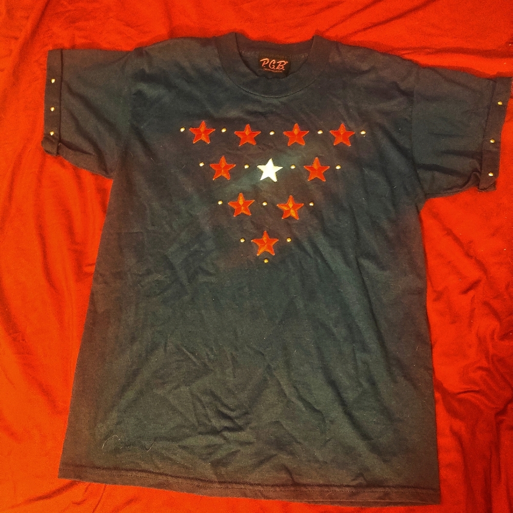VTG Women's PGB T Shirt RARE 80s Rolled Cuff Riveted Stars USA Size Med Exc Cond